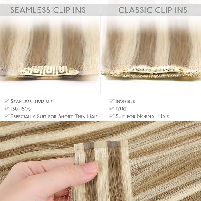 WENNALIFE Seamless Clip In Hair Extensions, 18 Inch 7pcs 130g Ash Brown with Platinum Blonde Highlights Hair Extensions Clip In Real Human Hair Extensions Invisible PU Weft Hair