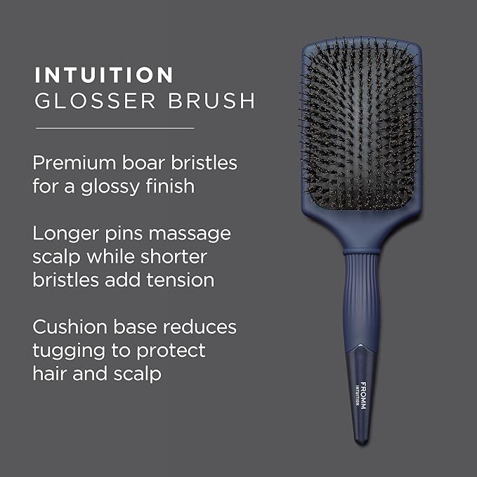 Fromm Intuition Glosser Smooth & Glossy Boar Bristle Paddle Brush, Detangles, Smoothes, and Massages Scalp to Distribute Oils for Shiny Healthy Hair, Navy Blue
