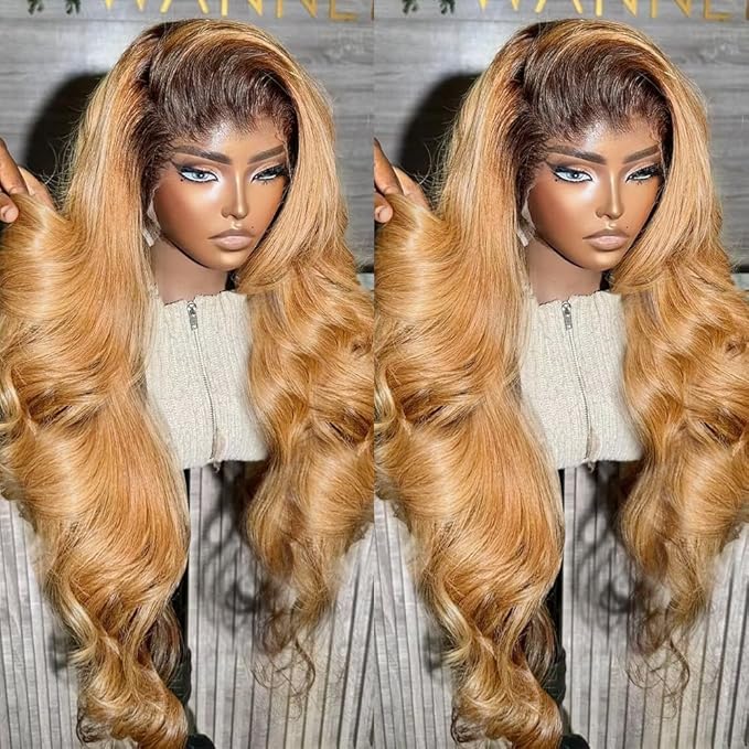 Honey Blonde Lace Front Wigs Human Hair 13x6 Ombre HD Transparent Lace Frontal Wig 12A Body Wave 1B/27 Highlight Lace Front Wigs Glueless Human Hair Wigs for Women Pre Plucked with Baby Hair