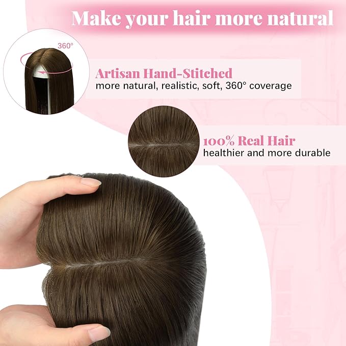 Hair Toppers for Women Real Human Hair, Dark Brown Wiglets Hairpieces for Thinning 360° Human Toppers for Women Add Volume 14inch 6x7inch Large Base (#4Topper-14inch)