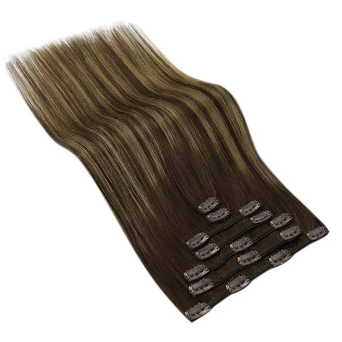 Ve Sunny Human Hair Clip in Extensions Brown Balayage Clip in Hair Extensions Ombre Dark Brown to Caramel Blonde Hair Extensions Real Human Hair Clip in 7pcs 20inch 120g