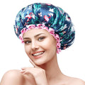 mikimini Flamingo Medium Shower Caps Pack of 2, Shower Cap for Girls and Women with Pink Lace, Reusable Waterproof Blue Shower Hat for Girls