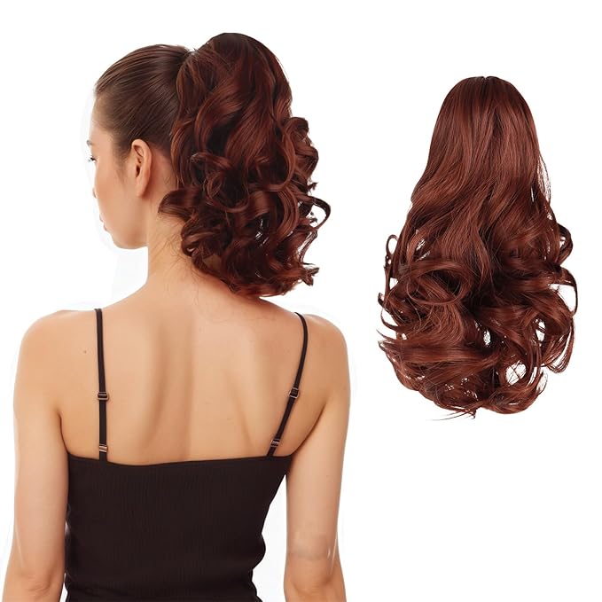 Ponytail Extension, Clip on Ponytails for Women, 12" Claw Clip in Short Curly Wavy Pony Hair Extension for Women - Auburn