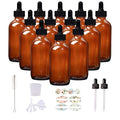 12 Pack 4oz Amber Glass Bottles with Glass Eye Droppers for Essential Oils, Perfumes & Lab Chemicals (1 Brush, 2 Funnels, 2 Extra Droppers, 24 Pieces Labels & 30ml Measuring Cup Included)