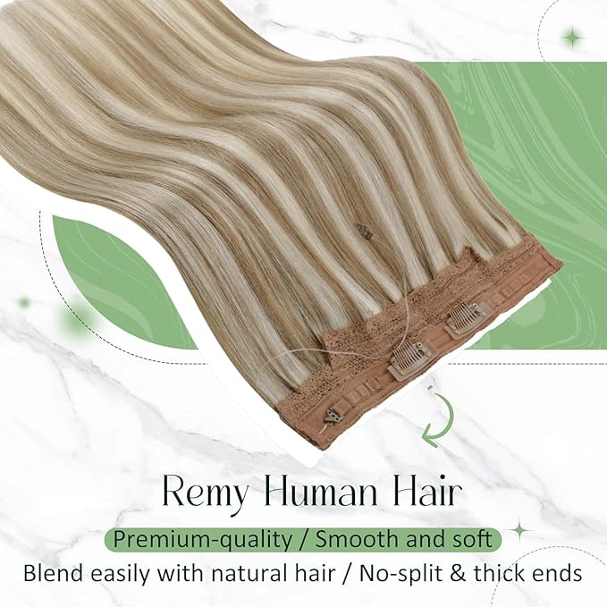 RUNATURE Secret Wire Hair Extensions, Invisible Human Hair Extensions with Transprent Fish Line Extensions, Straight Remy Natural Hair for Women, Tangle-free, 12 Inch 70g #8P24 Brown Highlight Blonde