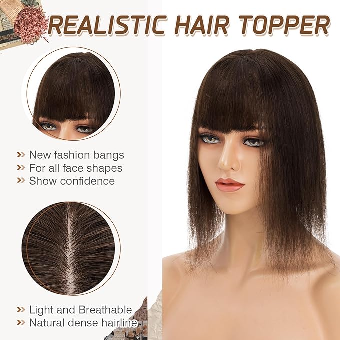 Rich Choices Real Human Hair Toppers for Women With Bang 100% Remy Human Hair Topper for Thinning Hair Clip in Silk Base Hair Topper 10 Inch #2 Dark Brown