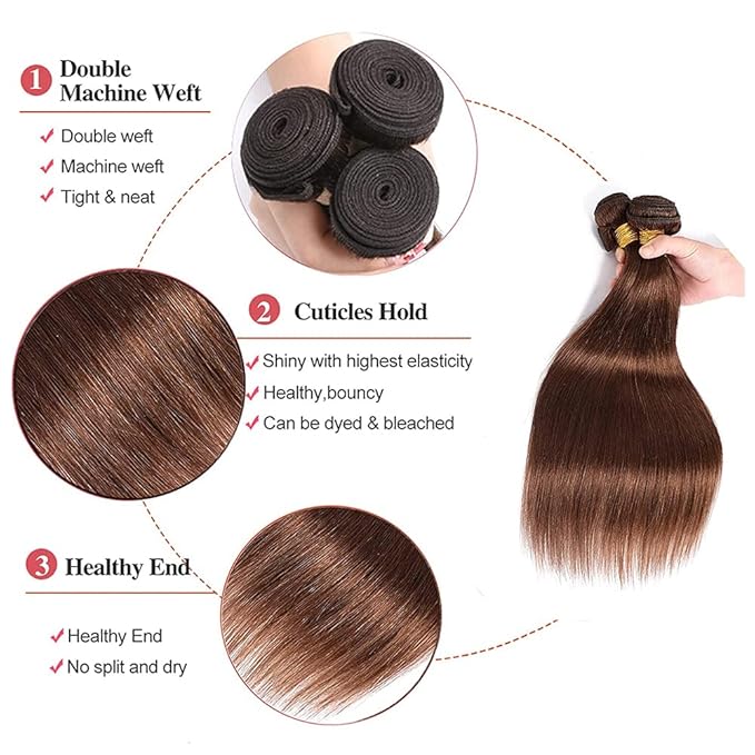Color 4 Straight Bundles Human Hair Chocolate Brown Bundle Niegmeag Brazilian Virgin Remy Hair 3 Bundles 14 16 18 Inch Double Weft Brown Straight Bundle Hair Weave 150g