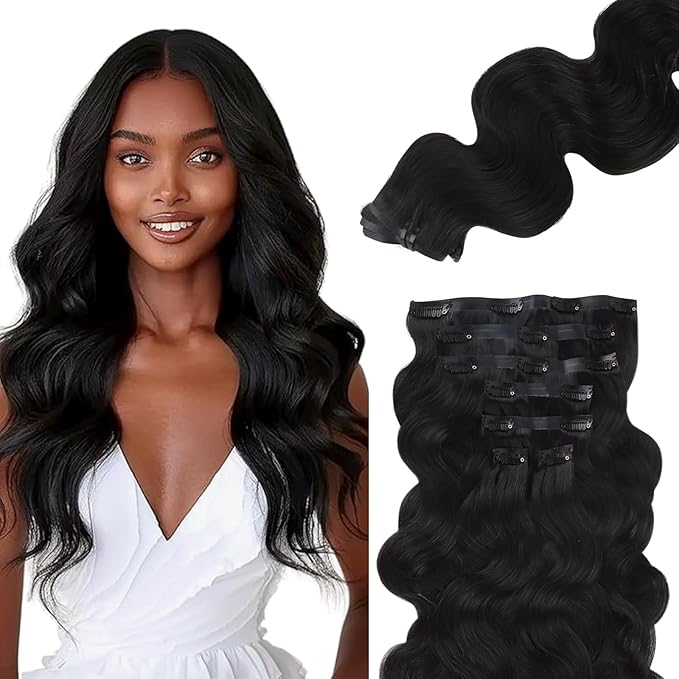 Lashey Seamless Clip in Hair Extensions Human Hair #1 Jet Black Body Wave 7pcs 110g 22 Inch Invisible PU Weft Human Hair Clip in Extensions for Women