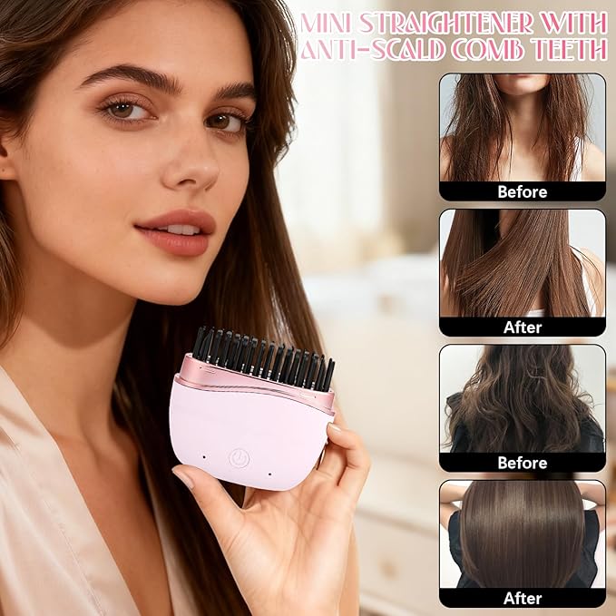 Mini Straightener, Rechargeable Portable Hair Straightener Comb, Fast Heating Hot Comb with Mirror, Wireless 2-in-1 Hairs Dressing Combs with 2 Adjustable Temperatures (Pink)