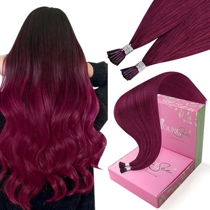 YoungSee I Tip Hair Extensions Human Hair Magenta 20 inch Itip Human Hair Extensions Red I Tips Hair Extension Color for Party Magenta Human Hair I-Tip Extensions Invisible 25s 25g