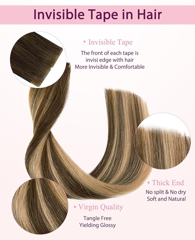 Pinkpearl Invisible Tape in Hair Extensions Human Hair, 20pcs 20inch 55g #4/27/4 Balayage Chocolate Brown to Caramel Blonde Injection Tape in Extensions Real Remy Seamless Human Hair Injected