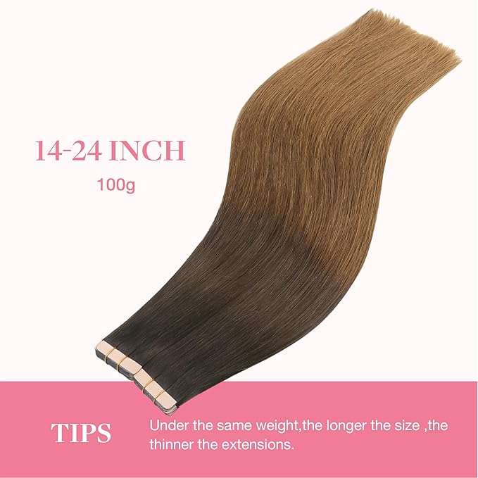 GOO GOO Tape in Hair Extensions Human Hair, 1D/2C/4E Chocolate Dip Color Melt, 12inch 80g 40pcs, Skin Weft Seamless Invisible, Silky Straight with Thick Ends, Remy Human Hair