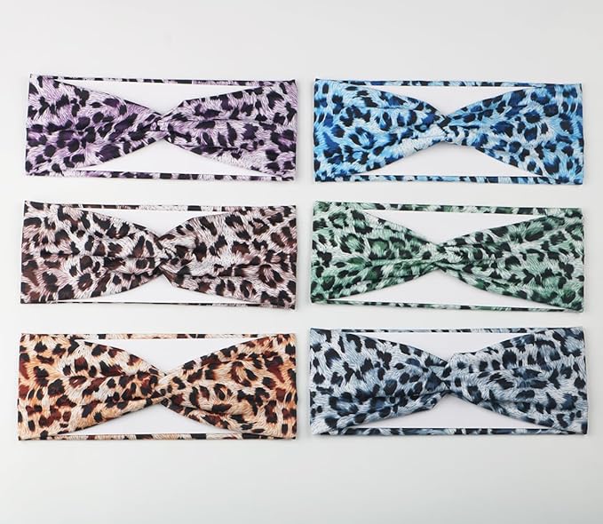 6PCS Leopard Boho Headbands for Women,Elastic Stretchy Boho Criss Cross Head Wrap, Wide Top Knot Turban Hair Band