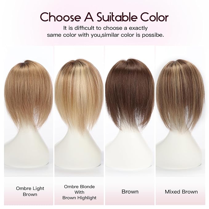 EMMOR 12 Inch Human Hair Topper for Women - Real Hair Topper with Bangs & 6.5" × 6.5" Larger Base, Natural Thin Hair Solution for Women(Mixed Brown)