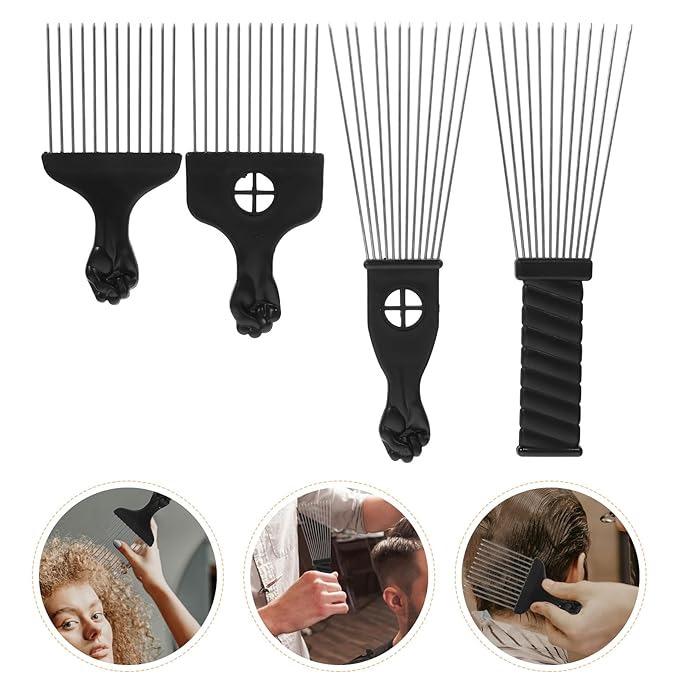 TIDTALEO 4Pcs Metal Hair Pick Comb Set with 12-Prong Stainless Steel Afro Pick Detangler for Thick Curly Hair Styling and Hairdressing Use