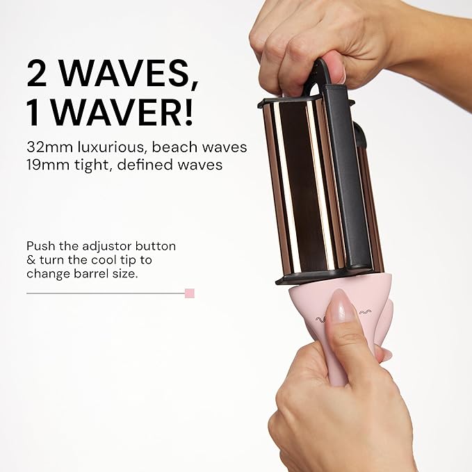 L'ANGE Hair VersaWaver Adjustable Titanium Waver | Pick 19mm or 32mm Waves with 1 Tool | Titanium 3-Barrel Waving Tool | Cool Tip Also Rotates Barrel to Change Wave Lengths (Blush)