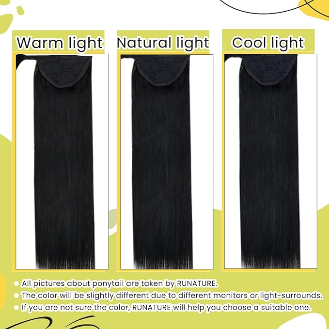 RUNATURE Ponytail Extension Human Hair, Real Hair Ponytail Extension Black, Remy Human Hair Ponytail Wrap Around, Clip in Ponytail Hair Extensions Straight, Easy to Apply, 14 Inch 70g #1 Jet Black