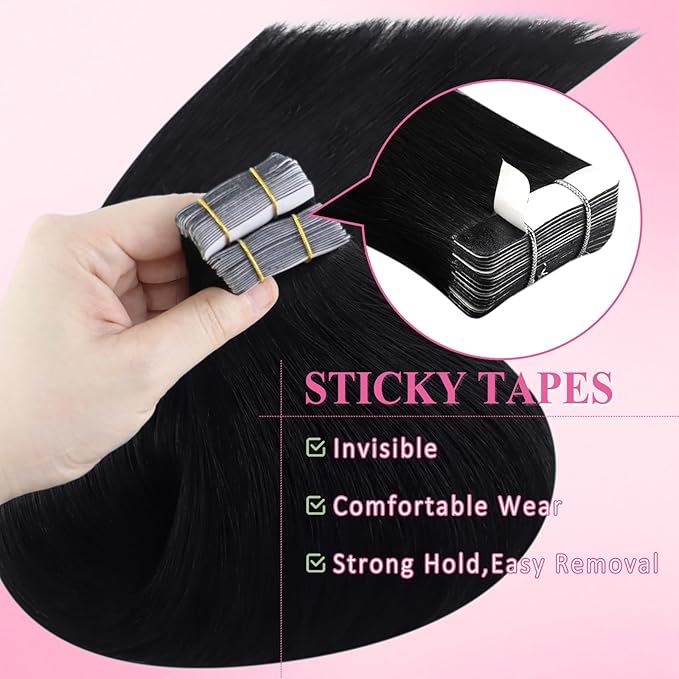 YoungSee Human Hair Tape in Extensions Black Tape in Hair Extensions Jet Black 16 Inch Tapes Hair Extension Real Human Hair Black 20pcs 50g Invisible Tape-in Human Hair for Adding Volume