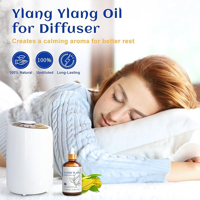 HIQILI Ylang-Ylang Essential Oil, Long-Lasting Scent for Diffuser, Perfumes, Aromatherapy, DIY - 3.38 Fl Oz