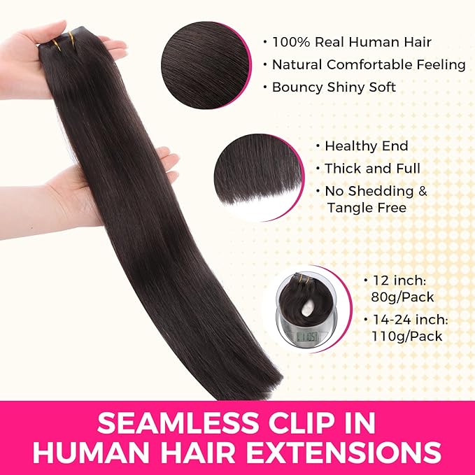 Lashey Seamless Clip in Hair Extensions Real Human Hair, 7pcs 110g Straight PU Weft Human Hair Extensions 20 Inch #2 Dark Brown Hair Extensions with Invisi Edge