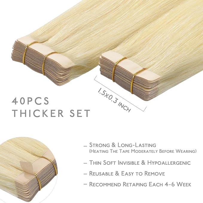 WENNALIFE Tape in Hair Extensions Human Hair, 40pcs 100g 24 inch Bleach Blonde Straight Invisible Reusable Real Hair Extensions