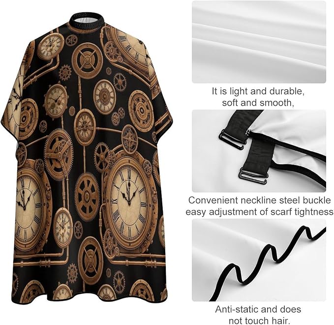 Unisex Vintage Steampunk Clock Hair Styling Cape, Lightweight Salon Cape Apron for Home Stylists, Haircut Tools