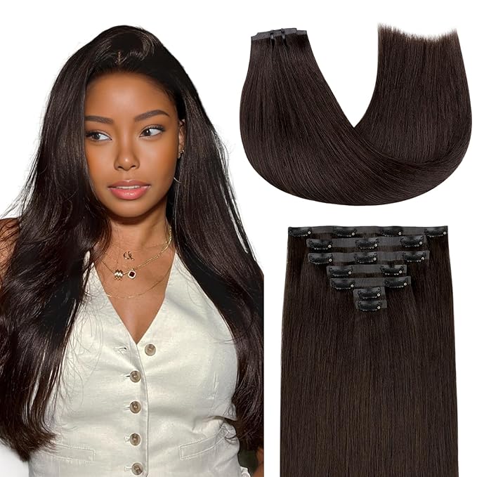 Lashey Seamless Clip in Hair Extensions Human Hair #2 Dark Brown Light Yaki Straight Clip in Extensions Real Human Hair 7pcs 110g 16 Inch PU Weft Natural Hair Extensions for Women