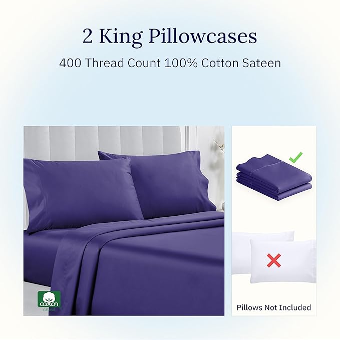 California Design Den King Size Pillowcase Set - 400 Thread Count, 100% Cotton Sateen, Set of 2 Pillow Covers, Soft and Breathable - Dark Purple