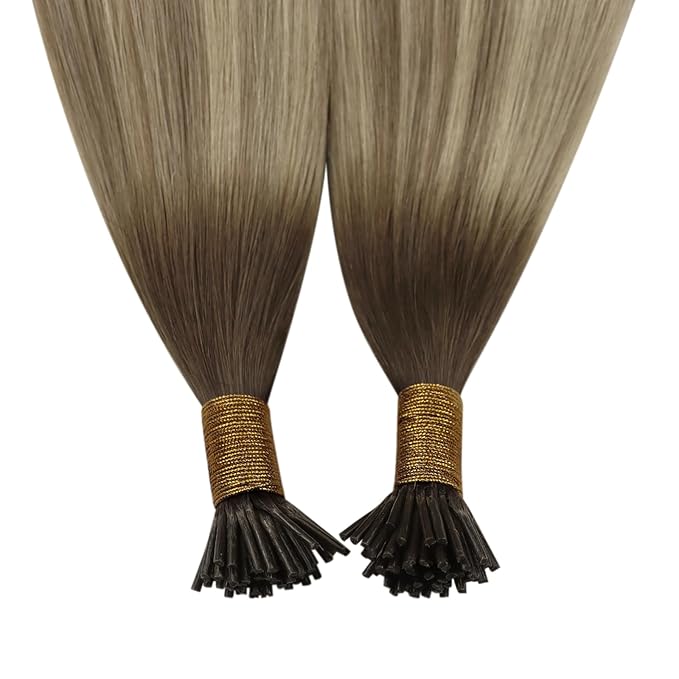 YoungSee I Tips Hair Extensions Real Human Hair Ombre 16In Itips Human Hair Extensions Dark Brown Ombre Blonde with Light Brown I Tip Hair Extension Balayage 50g 80s Straight Hair