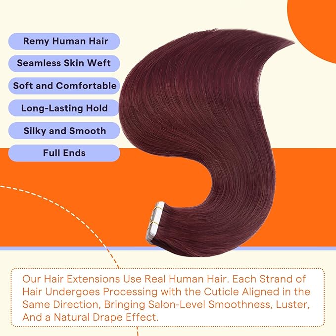 Full Shine Tape in Hair Extensions Human Hair 10 Inch Color 99J Red Wine Straight Invisible Double Sided Tape Ins Human Hair Extensions 20PCS Burgundy Natural Seamless Skin Weft for Wedding 30 Grams