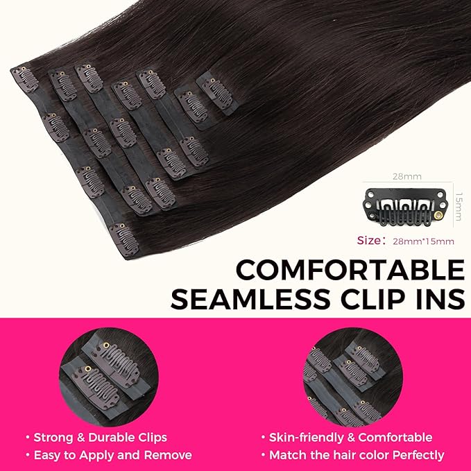 Lashey Clip in Hair Extensions Real Human Hair 7pcs 110g Straight Seamless, 14 Inch #2 Dark Brown Natural Thick Clip in Hair Extensions