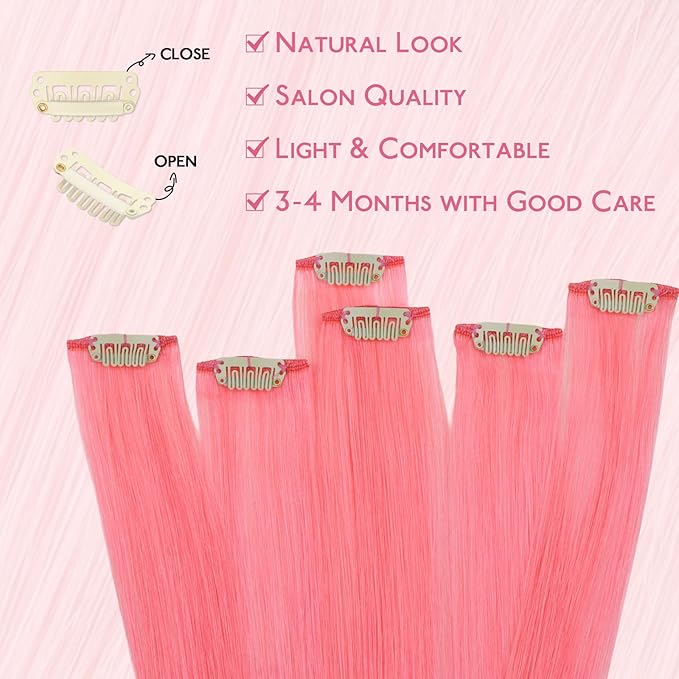 WENNALIFE Light Pink Clip in Hair Extensions Real Human Hair 35g 6pcs 24 Inch Colored Hair Extensions for Kids Women Colorful Hair Pieces Pop-up Style Straight Extensiones De Cabello Humano Con Clip