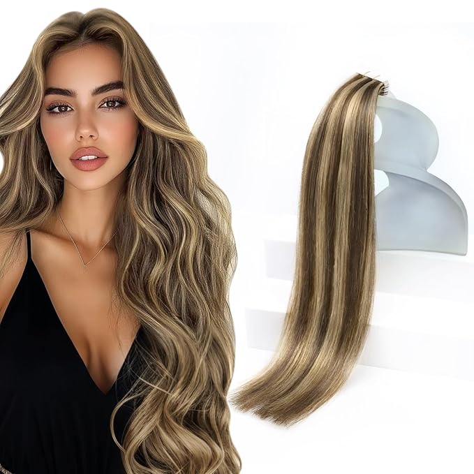 Sunny Hair Tape in Hair Extensions Real Human Hair Invisible Remy Hair Extensions Tape ins for Women Dark Brown Highlight Caramel Blonde 20 inch 20Pcs 50G