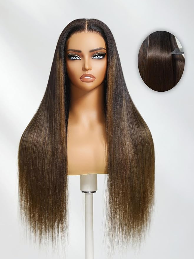 YIROO Bye Bye Knots Chestnut Brown Ombre Light Yaki Straight Wig Human Hair,7x5 Lace Front Glueless Wig with Drawstring,Pre Cut Pre Plucked Pre Bleached Knots Natural Hairline Wig for Women 24Inch