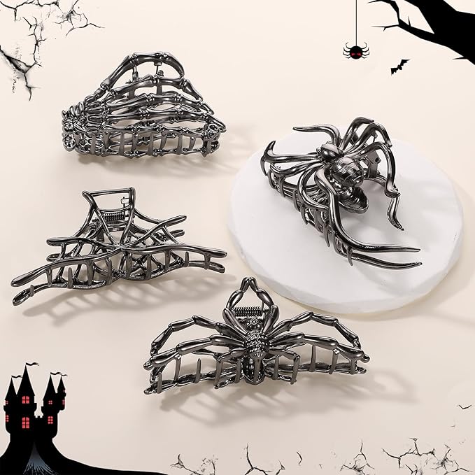 Obeoby 4 Pcs Metal Hair Clips for Women, Large Hair Claw Clips for Thick Long Hair Styling with Spider Webs Skeleton Decor, Goth Accessories Hair Accessories Birthday Valentines Day Gifts (Black)