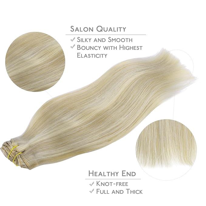 WENNALIFE Clip in Hair Extensions Real Human Hair, 24 Inch 160g 7pcs Ash Blonde Highlighted Platinum Blonde Remy Hair Straight Natural Extensiones De Cabello Humano Con Clip Ins