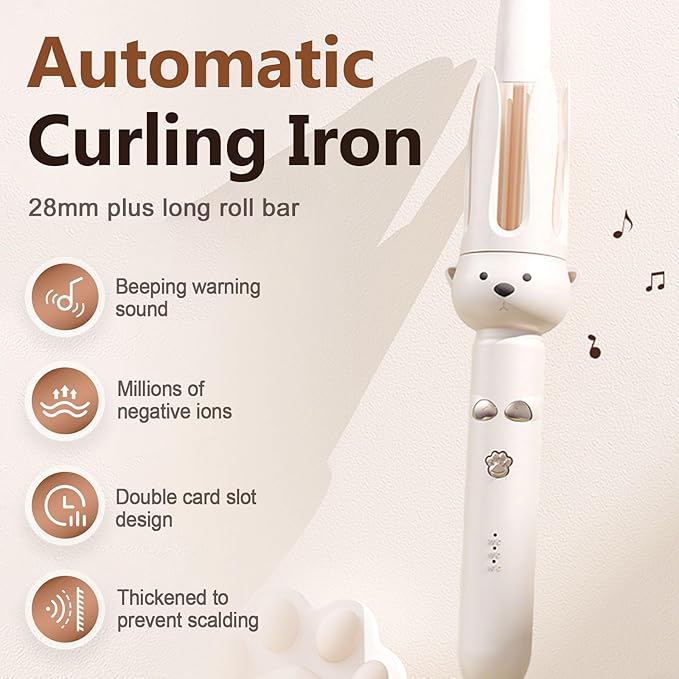 2026 New Fully Automatic Lazy Curling Stick, Upgrade Electric Rotary Curler Automatic Curling Iron, Large Curling Without Damaging Hair 28mm Comfort Hair Curler (Beige)