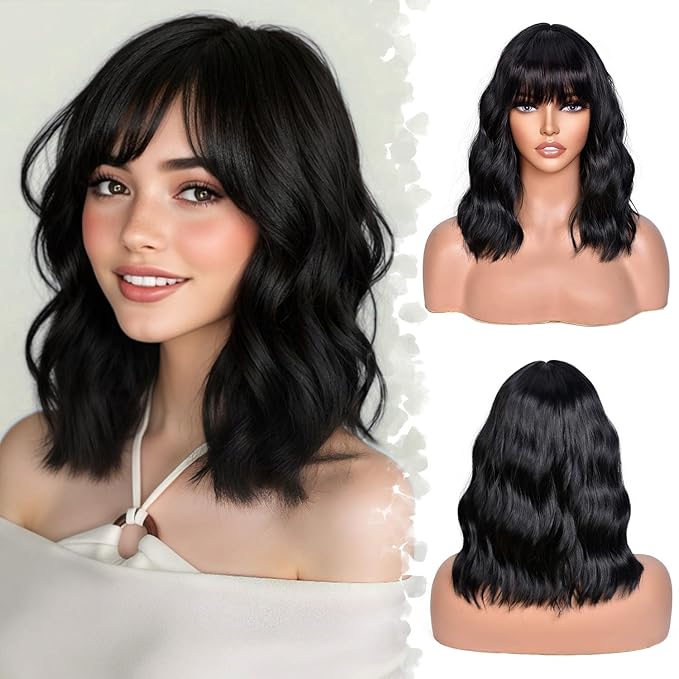 Black Bob Wig With Bangs Wave Wigs for Women 14 Inch Short Loose Wavy Heat Resistant Synthetic Wig Shoulder Length Natural Color Hair for Daily and Party Use