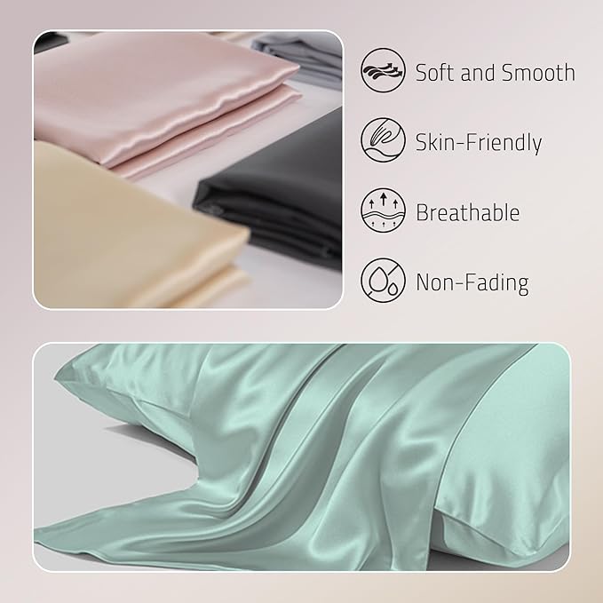 Mulberry Silk Pillowcase for Hair and Skin Prevent Acne Pillow Cases Both Sides Real Silk Pillowcases Organic Silk Pillowcase with Hidden Zipper, Sage Green, King (20"×36")