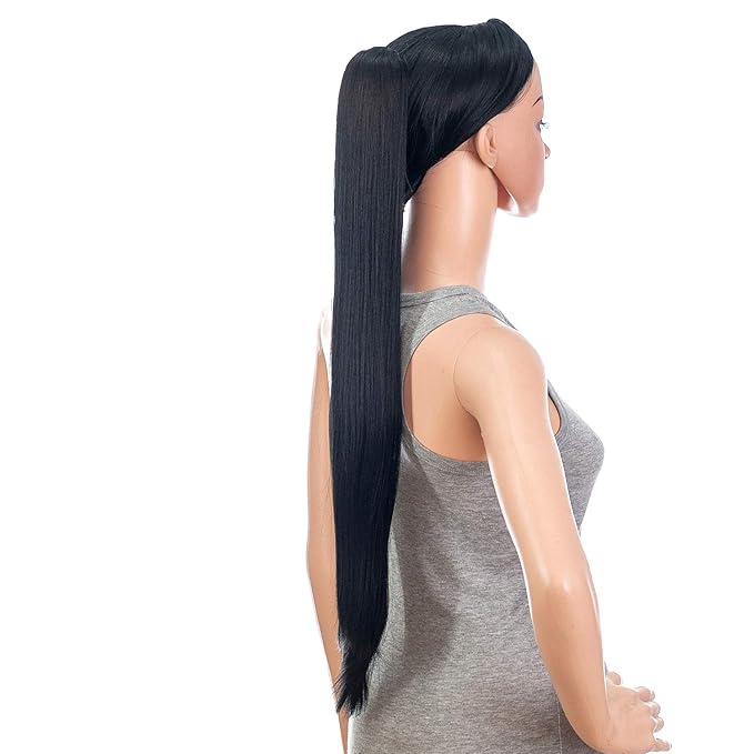 SWACC 28-Inch Long Straight Claw Clip Ponytail Extensions Synthetic Hair Extensions Ponytail Jaw Clip Hair Pieces for Women (1B-Off Black)