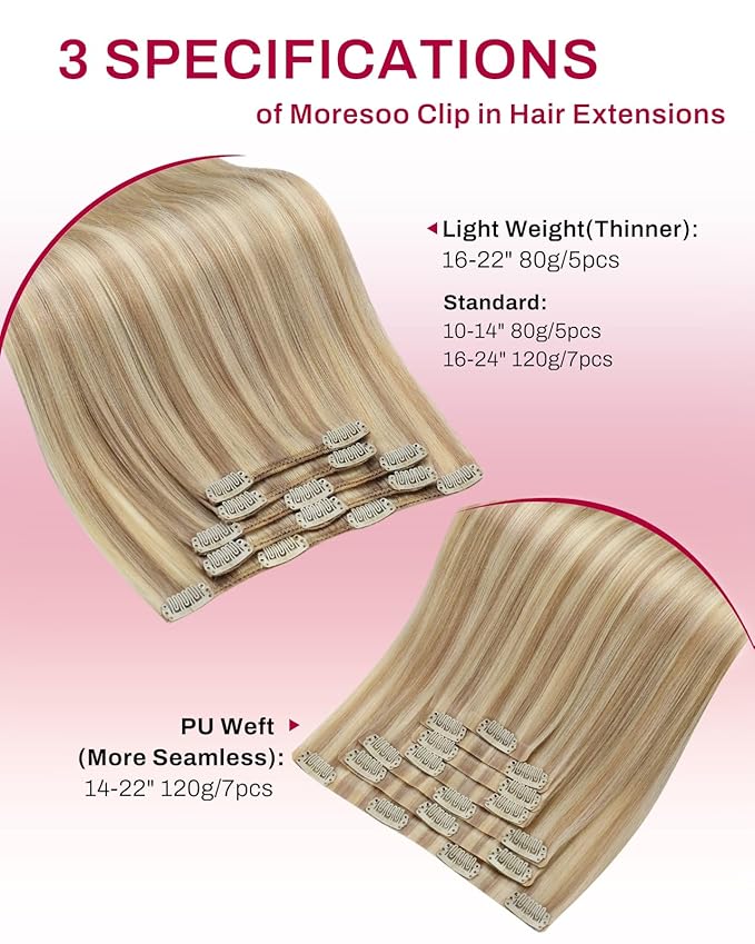Moresoo Clip in Hair Extensions Real Human Hair Double Weft Human Hair Clip in Extensions Straight Dark Ash Blonde Highlight with Golden Blonde 5pcs 80g 16inch