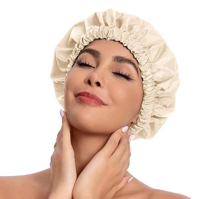 Reusable Shower Cap for Women, Stylish Large Waterproof Shower Bonnet Washable Wide Elastic Band Hair Cap for Long Hair, Braids Bath Hat(Champagne)