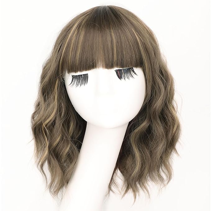 AISI HAIR Synthetic Wavy Curly Bob Wig with Bangs Brown mix Caramel Blonde Short Hair for Women Synthetic Heat Resistant Bob Wigs