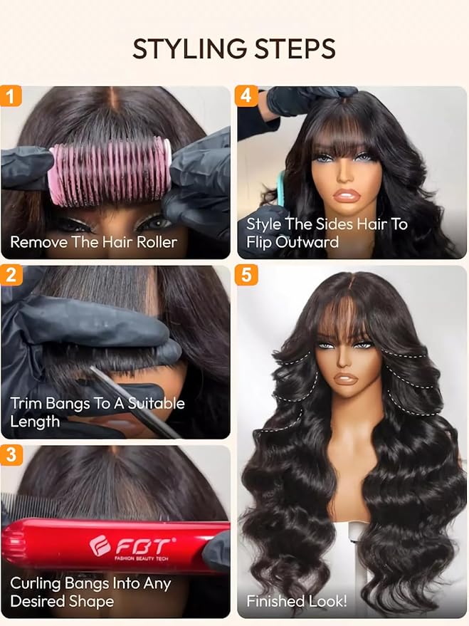 Julia Hair Bye Bye Knots Curtain Bangs Wig Glueless Fluffy Natural Loose Wave Pre Cut 7x5 HD Lace Front Wigs Invisible Pre Plucked Pre Everything Body Wave Put on and Go Wig for Women 20 Inch