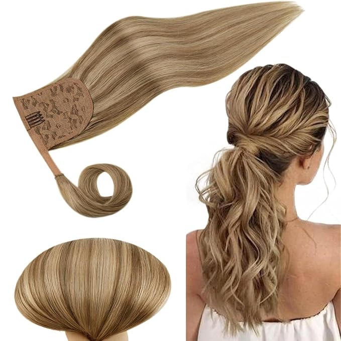 RUNATURE Ponytail Extension Human Hair, Real Hair Ponytail Extension for Women, Magic Paste Straight Human Hair Ponytail, 18 Inch 80g #10P16 Dark Blonde Highlight Caramel Blonde