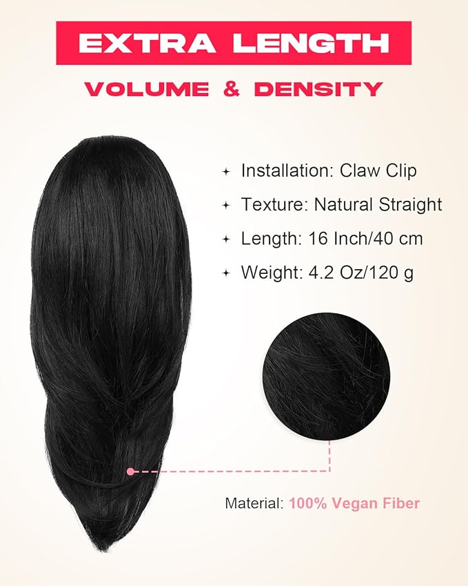 Ponytail Extension – 16” Claw Clip in Ponytail Hair Extensions Natural Soft Synthetic High Pony Tail Hairpieces for Women (Black, 16 inch)
