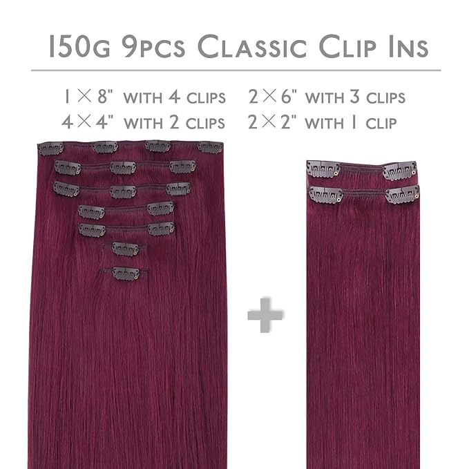 WENNALIFE Light Burgundy Human Hair Extensions - 150g 20 Inch 9pcs Thicker Clip in Set Double Weft Real Human Hair