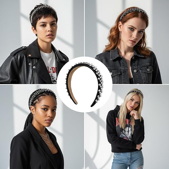 Spiked Headband, Punk Studded Rivet Rock Hair Hoop For Women, Gothic Black Spiked Headpiece