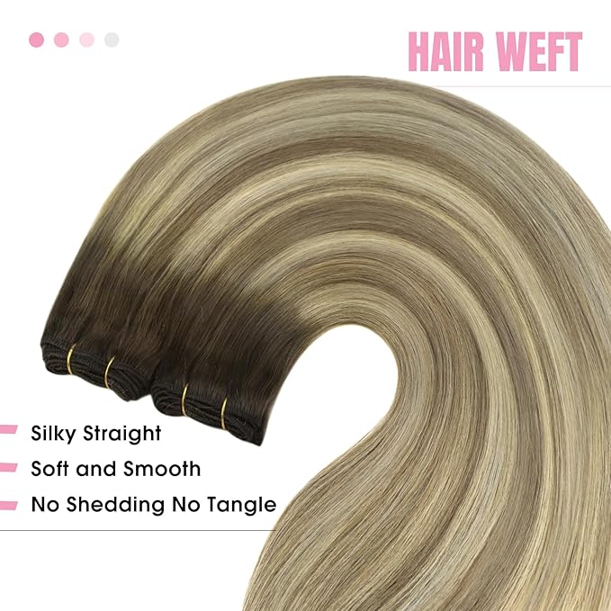 YoungSee Weft Hair Extensions Ombre Sew in Hair Extensions Walnut Brown Ombre Light Brown with Blonde Hair Extensions Weft Real Human Hair Bundle One Piece for Women 14Inch 100G