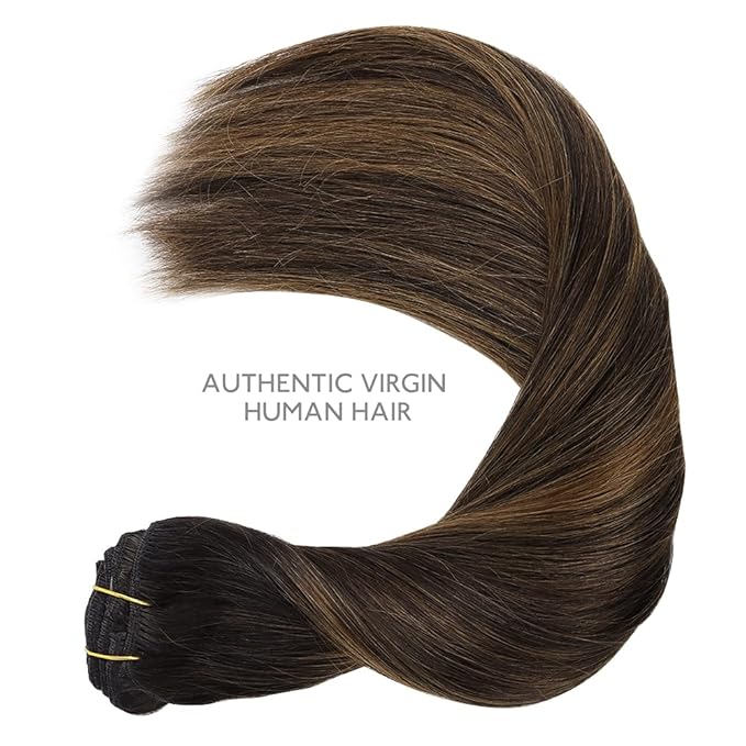 WENNALIFE Clip in Hair Extensions, 150g 16 Inch 9pcs Balayage Dark Brown to Chestnut Brown Human Hair Extensions Thicker Clip in Hair Extensions Real Human Hair Clip Set Double Weft